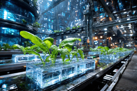 Green plants growing hydroponically inside a futuristic, high-tech factoryの素材