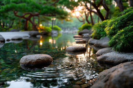 Stepping stones in a tranquil pond within a peaceful Japanese garden at sunsetの素材