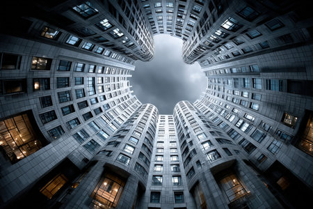 Modern curved buildings reach towards a cloudy skyの素材