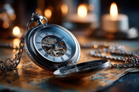 A conceptual shot of an antique pocket watch lying on an old map, lit by candlelight, using a tilt-shift lens to create a sense of mystery and adventureの素材