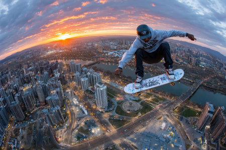 A skateboarder performs a trick high above a city at sunsetの写真素材
