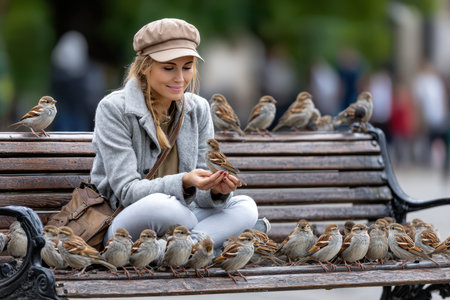 A woman sits on a bench in a park, surrounded by sparrows as she gently feeds them breadcrumbs.の写真素材