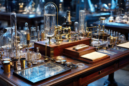 A detailed view of an antique laboratory showcasing various glass containers and tools on a wooden table.の素材