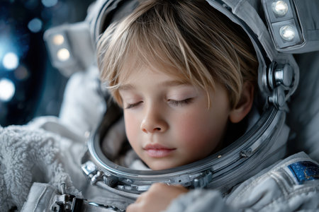 A young boy rests with eyes closed, dressed in an astronaut suit, surrounded by a dreamy space-like environment.の素材