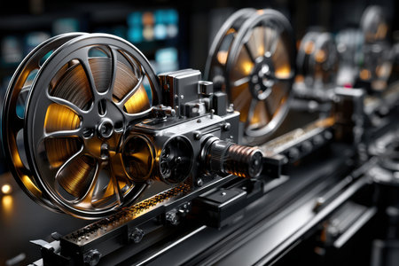 Close-up of an ornate film projector revealing detailed gears and reels, highlighting its vintage craftsmanship.の素材