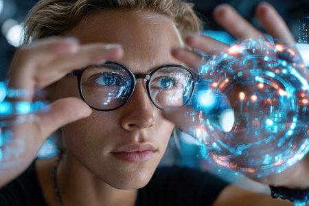 A woman with glasses examines a holographic digital orbの素材