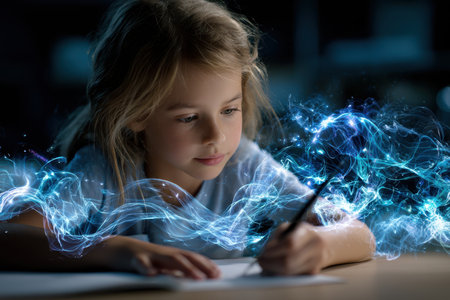 A young girl focuses intently while writing, surrounded by enchanting colorful swirls in a quiet night setting.の素材