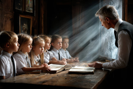 In a warmly lit old-fashioned classroom, a teacher communicates lessons while students listen intently.の素材