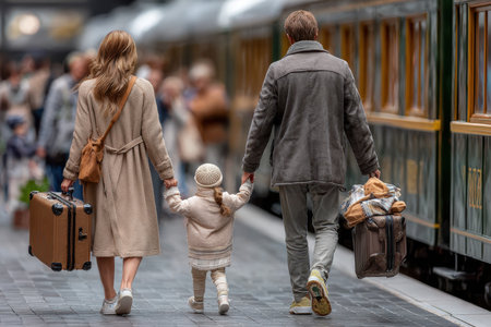 A family strolls hand in hand at a vibrant train station, ready for an adventurous journey together.の素材