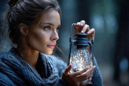A woman in a cozy sweater gazes at a lantern filled with glowing lights in a twilight forest.の素材