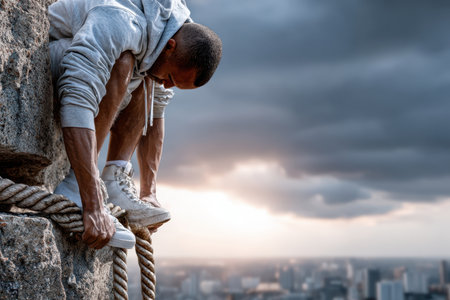 A man ties climbing gear as he balances on a rugged cliff high above a sprawling city during sunset.の素材