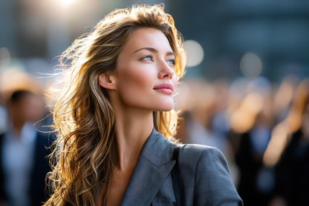 A woman in a blazer hopefully looks up in a blurry city crowdの素材