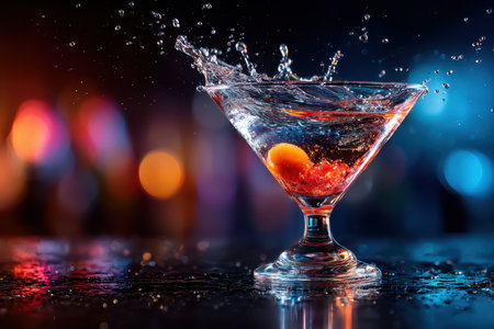 A close-up of a cocktail being poured, under vibrant, neon light, with a sudden splashの素材