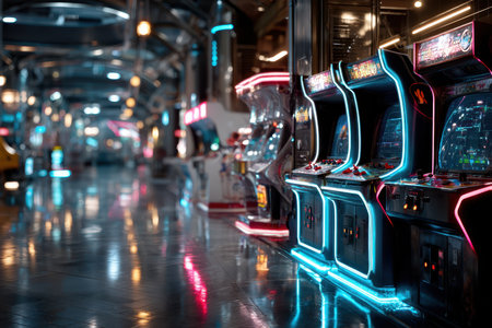 Empty futuristic arcade with neon lit game machinesの素材