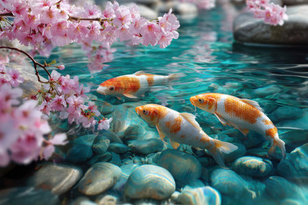 Three koi fish glide through a clear pond filled with smooth stones and blooming cherry blossoms.の素材