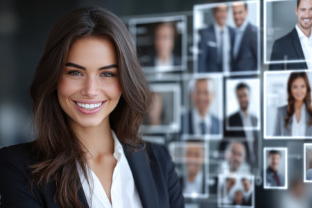 A young woman dressed in a business suit stands in an office, smiling at the camera with digital portraits behind her.の素材