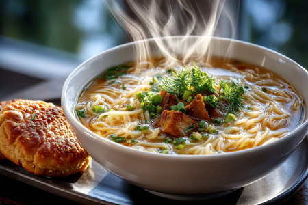 A bowl of hot noodle soup with meat and herbs is served with breadの素材