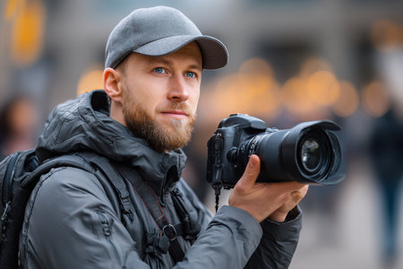 A man holds a professional camera, focused on taking pictures in a lively urban environment filled with people.の素材