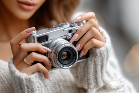 A woman with elegant nails holds a vintage camera, ready to capture moments in a warm, cozy setting.の素材