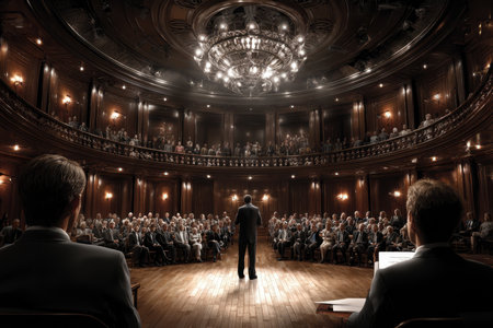 A large audience gathers in a historic theater to hear a speaker present important information, showcasing engagement.の素材
