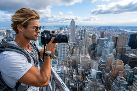 A man takes photographs of New York City's skyline while standing on a rooftop. The weather is clear and sunny.の素材