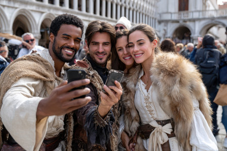 Four friends in historical costumes take selfies together in a bustling square.の素材