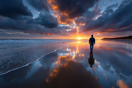 A man silhouetted against a dramatic sunset on a deserted beach, shot with a wide-angle lens, embodying solitude and introspectionの素材