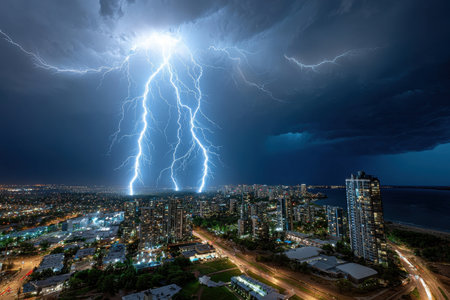Lightning strikes illuminate a city at night near the waterの素材