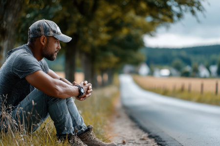 A man sits thoughtfully beside a tranquil road, surrounded by nature and trees on an overcast day.の素材