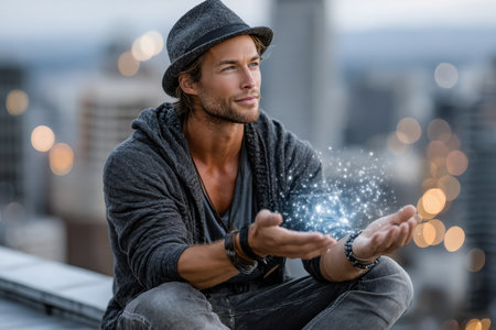 A man sits cross-legged on a rooftop in the city at dusk, creating glowing particles with his hands, reflecting calm.の素材