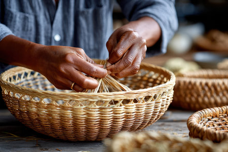 A skilled artisan weaves together strands of natural material to create intricate baskets in a cozy workshop.の素材