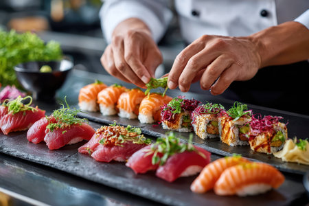 A skilled chef meticulously arranges colorful sushi and sashimi on a sleek platter at a high-end eatery.の素材