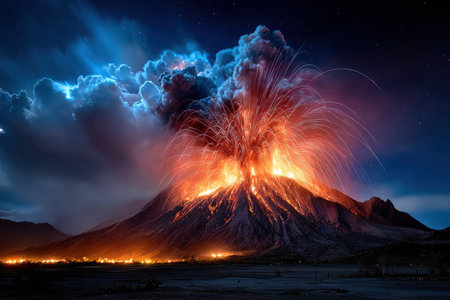 A volcano erupts at night, spewing lava and ash into the airの素材