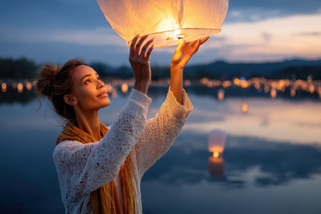 A woman gently holds a glowing lantern, preparing to release it over calm water at dusk with floating lights in view.の素材