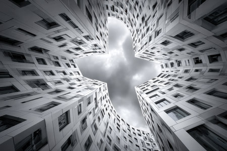 Low angle view of modern curved buildings against a cloudy skyの素材
