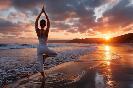 Yoga practitioner performs a tree pose at the beach during sunset with vibrant colors illuminating the sky.の素材