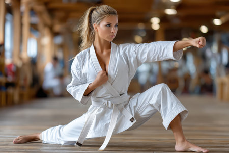 A skilled martial artist poses in a bright, spacious training area, showing a dynamic karate stance.の素材