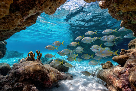 A whimsical, underwater shot of a school of colorful fish, swimming around a coral reef, using a fisheye lens to capture the scene, with a narrative twist of a hidden treasure chestの素材