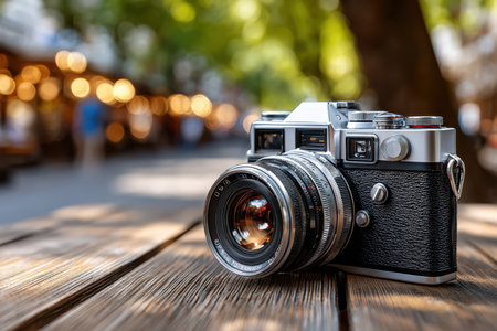 A vintage camera sits on a wooden table with a blurred city backgroundの素材
