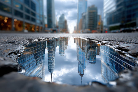 Modern buildings reflected upside down in a city puddle after rainの素材