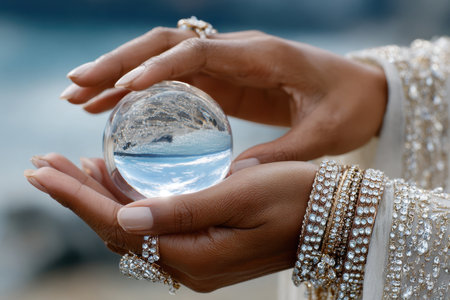 A person gently holds a crystal ball reflecting the serene water and landscape, showcasing intricate jewelry.の素材