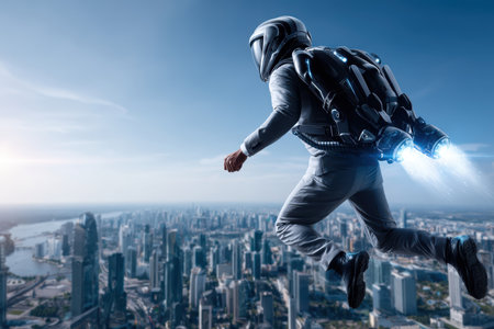 A person soars above a modern city wearing a jetpack, showing advanced technology and urban scenery.の写真素材