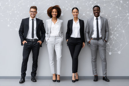 Four individuals dressed in formal business attire stand together in a contemporary office environment, smiling.の素材
