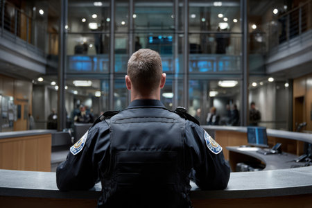 A law enforcement officer stands at a reception desk, observing visitors in a contemporary police station.の素材