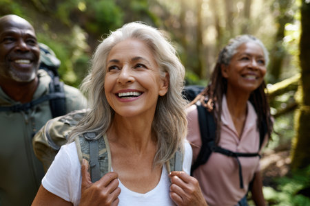 Three friends enjoy a delightful hike through a vibrant, green forest, sharing smiles and laughter.の素材