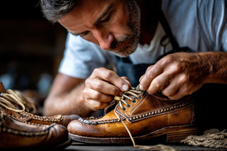 A close-up of a cobbler's hands repairing a shoe, shot under warm, ambient light, highlighting the skill and craftsmanship involved, ultrarealistic photo --ar 3:2 --raw --profile nk3i4wf --stylize 250 --v 7 Job ID: fa746731-2173-480b-9f0e-2aace26c14c9の写真素材