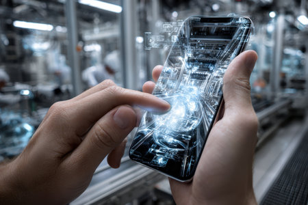 A person interacts with a smartphone showing advanced technology in a high-tech factory environment.の素材