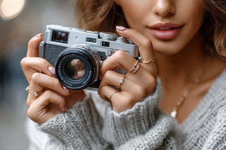 A woman smiles while holding a camera, showing her photography passion in a warm, inviting atmosphere.の素材