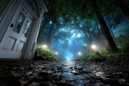 A pathway leads to a glowing portal in a misty forest next to a house at nightの素材