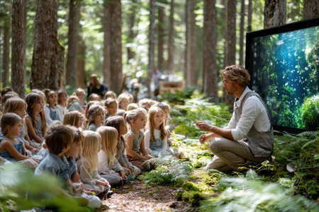An engaging storyteller shares tales with a captivated audience of children amidst lush trees and greenery.の素材